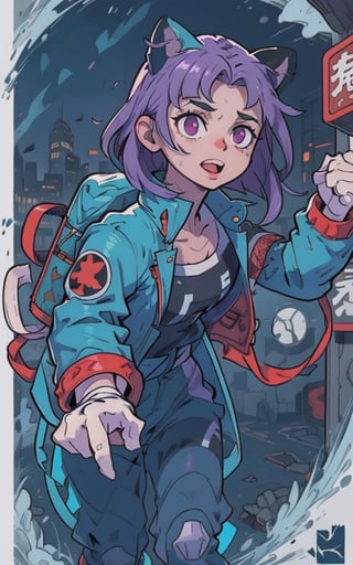 Comic, kawaii, master piece, beautiful girl in an abandoned zombie filled city, red_panda, paw_gloves, Fur_boots, animal_marking, face_paint, chocolate_hair, violet_eyes, furry_jacket,yofukashi background, zombies,hinata,1990s \(style\),kusanagi motoko,city,chundef, action_pose, battle_stance, back_pack,running,teenage , ripped_clothing, bloody_clothes, sweatpants,Circle,vectorstyle, happy_face, hungry,cammy sf6,c.c.,manga,manwha