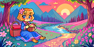 Solo_female,1930s (style), kawaii, outdoor, high_resolution, digital_art,|,a flowery field on a cool summer afternoon next to a brook| old blankets, bench, picnic, ruck_sack, basket, sack|,vectorstyle