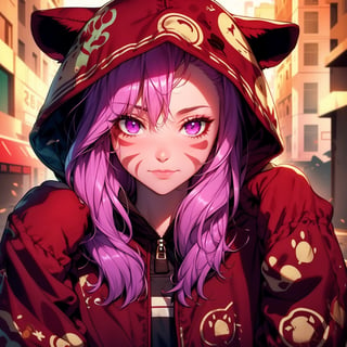 beautiful girl in an abandoned town, red_panda, paw_gloves, Fur_boots, animal_marking, face_paint, chocolate_hair, violet_eyes, furry_jacket,yofukashi background, zombies