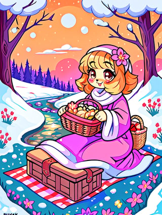 Solo_female,1930s (style), kawaii, outdoor, high_resolution, digital_art,|,a flowery field on a cold winter afternoon next to a brook| old blankets, bench, picnic, ruck_sack, basket, sack|,vectorstyle