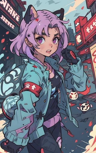 Comic, kawaii, master piece, beautiful girl in an abandoned zombie filled city, red_panda, paw_gloves, Fur_boots, animal_marking, face_paint, chocolate_hair, violet_eyes, furry_jacket,yofukashi background, zombies,hinata,1990s \(style\),kusanagi motoko,city,chundef, action_pose, battle_stance, back_pack,running,teenage , ripped_clothing, bloody_clothes, sweatpants,Circle,vectorstyle, happy_face, hungry,cammy sf6,c.c.,manga,manwha,chara-sheet