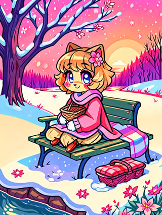 Solo_female,1930s (style), kawaii, outdoor, high_resolution, digital_art,|,a flowery field on a cold winter afternoon next to a brook| old blankets, bench, picnic, ruck_sack, basket, sack|,vectorstyle