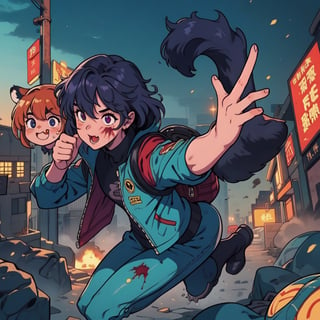 1930s (style), Comic, kawaii, master piece, beautiful boy in an abandoned zombie filled city, red_panda, paw_gloves, Fur_boots, animal_marking, face_paint, chocolate_hair, violet_eyes, furry_jacket,yofukashi background, zombies,hinata,1990s \(style\),kusanagi motoko,city,chundef, action_pose, battle_stance, back_pack,running,teenage , ripped_clothing, bloody_clothes, sweatpants,Circle,vectorstyle, happy_face, hungry,cammy sf6,c.c.,manga,manwha,chara-sheet, animal_tail