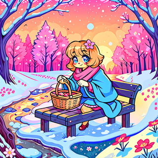 Solo_female,1930s (style), kawaii, outdoor, high_resolution, digital_art,|,a flowery field on a cold winter afternoon next to a brook| old blankets, bench, picnic, ruck_sack, basket, sack|,vectorstyle