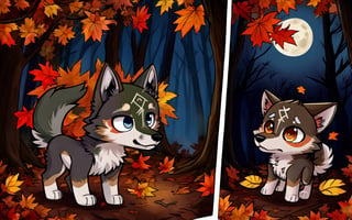 Comic_Strip, a cute scared wolf pup lost in a forest, autumn_leaves, wolf, chibi, night, spooky