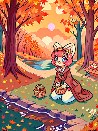 Solo_female,1930s (style), kawaii, outdoor, high_resolution, digital_art,|,a flowery field on a cool autumn afternoon next to a brook| old blankets, bench, picnic, ruck_sack, basket, sack|,vectorstyle