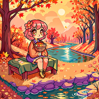 Solo_female,1930s (style), kawaii, outdoor, high_resolution, digital_art,|,a flowery field on a cool autumn afternoon next to a brook| old blankets, bench, picnic, ruck_sack, basket, sack|,vectorstyle