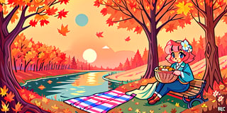 Solo_female,1930s (style), kawaii, outdoor, high_resolution, digital_art,|,a flowery field on a cool autumn afternoon next to a brook| old blankets, bench, picnic, ruck_sack, basket, sack|,vectorstyle