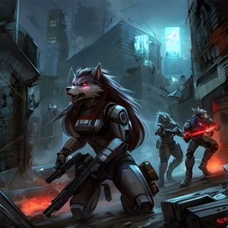 Robotic Werewolves battling a army of cyborg zombies in a deserted city, Cyborg, lycanthrope, long_hair, furry, animal_tail, anthro, zombies, surprise, fangs,sex robot,motoko2045wz, shotgun, warzone, werewolf 