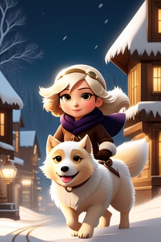 1930s (style), kawaii, chibi, Prompt details
In a snow-covered mountain town in 1920s Oregon, a mysterious and dark atmosphere envelops the scene. The wheelchair-bound Inuit witch girl, wearing aviation goggles, is being pulled through the town by a cuddly white golden retriever, their figures barely visible in the dim light. Strategically positioned in the composition, silhouettes of owls and wolves create a sense of movement and anticipation. Experimenting with different levels of motion blur, the creatures appear to glide through the air or swiftly traverse the shadows. Subtle streaks and blurs of falling snowflakes add a dynamic and immersive effect, while the whirling wind takes on a more intense and dramatic appearance. The steampunk-inspired architecture serves as a backdrop, enhancing the enigmatic allure of the scene. This captivating and atmospheric artwork blends elements of mystery, darkness, steampunk, and the natural world, creating a spellbinding tableau.