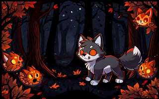 Comic_Strip, a cute scared wolf pup lost in a haunted forest, autumn_leaves, wolf, chibi, night, spooky,cute00d