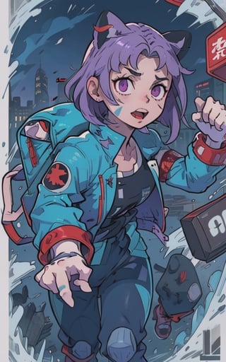 Comic, kawaii, master piece, beautiful girl in an abandoned zombie filled city, red_panda, paw_gloves, Fur_boots, animal_marking, face_paint, chocolate_hair, violet_eyes, furry_jacket,yofukashi background, zombies,hinata,1990s \(style\),kusanagi motoko,city,chundef, action_pose, battle_stance, back_pack,running,teenage , ripped_clothing, bloody_clothes, sweatpants,Circle,vectorstyle, happy_face, hungry,cammy sf6,c.c.,manga,manwha