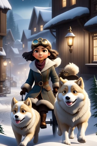 1930s (style), kawaii, chibi, Prompt details
In a snow-covered mountain town in 1920s Oregon, a mysterious and dark atmosphere envelops the scene. The wheelchair-bound 12 year old Inuit witch girl, wearing aviation goggles, is being pulled through the town by a cuddly white golden retriever, their figures barely visible in the dim light. Strategically positioned in the composition, silhouettes of owls and wolves create a sense of movement and anticipation. Experimenting with different levels of motion blur, the creatures appear to glide through the air or swiftly traverse the shadows. Subtle streaks and blurs of falling snowflakes add a dynamic and immersive effect, while the whirling wind takes on a more intense and dramatic appearance. The steampunk-inspired architecture serves as a backdrop, enhancing the enigmatic allure of the scene. This captivating and atmospheric artwork blends elements of mystery, darkness, steampunk, and the natural world, creating a spellbinding tableau.,Movie Still,HZ Steampunk,Film Still