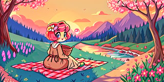 Solo_female,1930s (style), kawaii, outdoor, high_resolution, digital_art,|,a flowery field on a cool summer afternoon next to a brook| old blankets, bench, picnic, ruck_sack, basket, sack|,vectorstyle