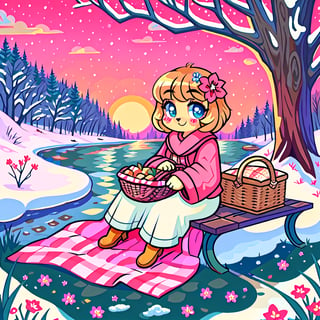 Solo_female,1930s (style), kawaii, outdoor, high_resolution, digital_art,|,a flowery field on a cold winter afternoon next to a brook| old blankets, bench, picnic, ruck_sack, basket, sack|,vectorstyle