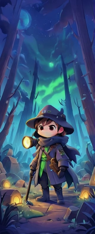 In a desolate world, a young grave digger boy roams the Bioluminescent tundra graveyard, his fur cloak and gas mask shielding him from the toxic air. With his magical miner's lantern and pick ax, he navigates the retro-future, hydro-punk landscape, reminiscent of a 1930s cartoon. But in this world, danger lurks around every corner. Will he find fortune or meet his doom on this treacherous journey?,gas mask,plague_doctor_mask ,Cybermask,3d style,chibi