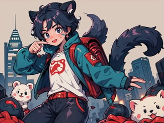 1930s (style), Comic, kawaii, master piece, beautiful boy in an abandoned zombie filled city, red_panda, paw_gloves, Fur_boots, animal_marking, face_paint, chocolate_hair, violet_eyes, furry_jacket,yofukashi background, zombies,hinata,1990s \(style\),kusanagi motoko,city,chundef, action_pose, battle_stance, back_pack,running,teenage , ripped_clothing, bloody_clothes, sweatpants,Circle,vectorstyle, happy_face, hungry,cammy sf6,c.c.,manga,manwha,chara-sheet, animal_tail