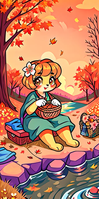 Solo_female,1930s (style), kawaii, outdoor, high_resolution, digital_art,|,a flowery field on a cool autumn afternoon next to a brook| old blankets, bench, picnic, ruck_sack, basket, sack|,vectorstyle