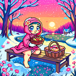 Solo_female,1930s (style), kawaii, outdoor, high_resolution, digital_art,|,a flowery field on a cold winter afternoon next to a brook| old blankets, bench, picnic, ruck_sack, basket, sack|,vectorstyle