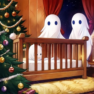 A young girl in a crib being visited by three ghost of christmass.