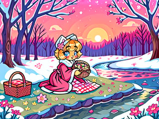 Solo_female,1930s (style), kawaii, outdoor, high_resolution, digital_art,|,a flowery field on a cold winter afternoon next to a brook| old blankets, bench, picnic, ruck_sack, basket, sack|,vectorstyle