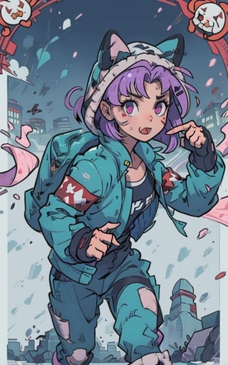 Comic, kawaii, master piece, beautiful girl in an abandoned zombie filled city, red_panda, paw_gloves, Fur_boots, animal_marking, face_paint, chocolate_hair, violet_eyes, furry_jacket,yofukashi background, zombies,hinata,1990s \(style\),kusanagi motoko,city,chundef, action_pose, battle_stance, back_pack,running,teenage , ripped_clothing, bloody_clothes, sweatpants,Circle,vectorstyle, happy_face, hungry,cammy sf6,c.c.,manga,manwha,chara-sheet