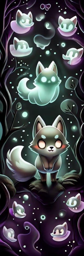 a cute scared wolf pup with sage colored fur lost in a haunted foggy forest, Chibi, sage, fog, ghosts,forest