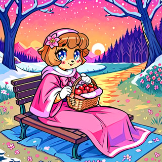 Solo_female,1930s (style), kawaii, outdoor, high_resolution, digital_art,|,a flowery field on a cold winter afternoon next to a brook| old blankets, bench, picnic, ruck_sack, basket, sack|,vectorstyle