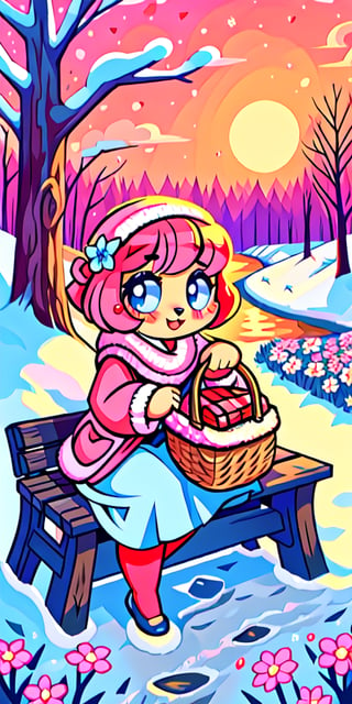 Solo_female,1930s (style), kawaii, outdoor, high_resolution, digital_art,|,a flowery field on a cold winter afternoon next to a brook| old blankets, bench, picnic, ruck_sack, basket, sack|,vectorstyle