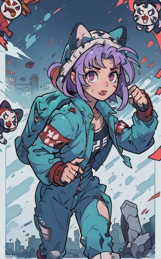 Comic, kawaii, master piece, beautiful girl in an abandoned zombie filled city, red_panda, paw_gloves, Fur_boots, animal_marking, face_paint, chocolate_hair, violet_eyes, furry_jacket,yofukashi background, zombies,hinata,1990s \(style\),kusanagi motoko,city,chundef, action_pose, battle_stance, back_pack,running,teenage , ripped_clothing, bloody_clothes, sweatpants,Circle,vectorstyle, happy_face, hungry,cammy sf6,c.c.,manga,manwha,chara-sheet