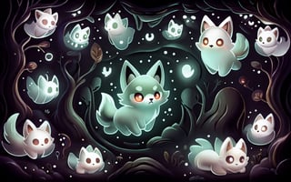 a cute scared wolf pup with sage colored fur lost in a haunted foggy forest, Chibi, sage, fog, ghosts,forest