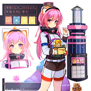 Gallia, a adorable and silly female red panda in a space suit with pink hair and purple and a sci-fi brass fantastical telescope, cute, storybook illustration, Character sheet, white background, dieselpunk. ,vex,furry