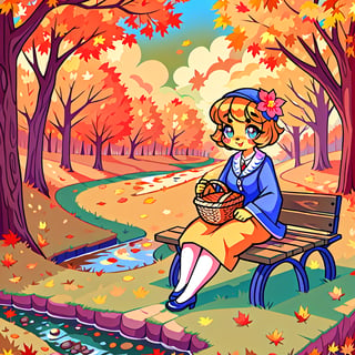 Solo_female,1930s (style), kawaii, outdoor, high_resolution, digital_art,|,a flowery field on a cool autumn afternoon next to a brook| old blankets, bench, picnic, ruck_sack, basket, sack|,vectorstyle