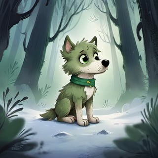 (masterpiece, best quality, ultra-detailed, 8K) A small, trembling wolf pup with shaggy fur the color of sage green, lost in a foggy and haunted forest. Its eyes dart around nervously, searching for a way out. SuddeaA small, trembling wolf pup with shaggy fur the color of sage green, lost in a foggy and haunted snow-covered forest. Its eyes dart around nervously, searching for a way out. Suddenly, it spots a graveyard in the distance, sending shivers down its spine. The pup clutches onto its old, tattered green neck bandana for comfort, but it knows it's in for a spooky adventure. only, it spots a graveyard in the distance, sending shivers down its spine. The pup clutches onto its old, tattered green neck bandana for comfort, but it knows it's in for a spooky adventure.