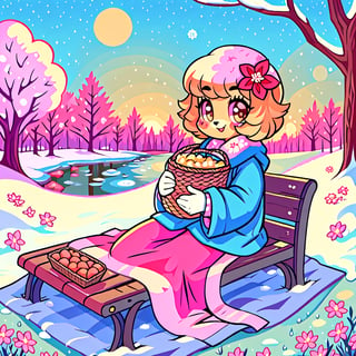 Solo_female,1930s (style), kawaii, outdoor, high_resolution, digital_art,|,a flowery field on a cold winter afternoon next to a brook| old blankets, bench, picnic, ruck_sack, basket, sack|,vectorstyle