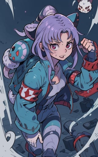 Comic, kawaii, master piece, beautiful girl in an abandoned zombie filled city, red_panda, paw_gloves, Fur_boots, animal_marking, face_paint, chocolate_hair, violet_eyes, furry_jacket,yofukashi background, zombies,hinata,1990s \(style\),kusanagi motoko,city,chundef, action_pose, battle_stance, back_pack,running,teenage , ripped_clothing, bloody_clothes, sweatpants,Circle,vectorstyle, happy_face, hungry,cammy sf6,c.c.,manga,manwha