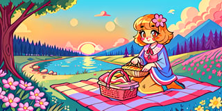 Solo_female,1930s (style), kawaii, outdoor, high_resolution, digital_art,|,a flowery field on a cool summer afternoon next to a brook| old blankets, bench, picnic, ruck_sack, basket, sack|,vectorstyle