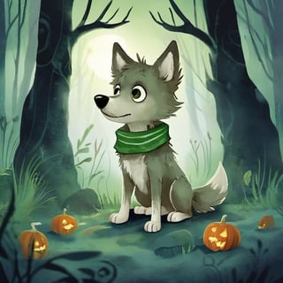 A small, trembling wolf pup with shaggy fur the color of sage green, lost in a foggy and haunted forest. Its eyes dart around nervously, searching for a way out. SuddeaA small, trembling wolf pup with shaggy fur the color of sage green, lost in a foggy and haunted snow-covered forest. Its eyes dart around nervously, searching for a way out. Suddenly, it spots a graveyard in the distance, sending shivers down its spine. The pup clutches onto its old, tattered green neck bandana for comfort, but it knows it's in for a spooky adventure. only, it spots a graveyard in the distance, sending shivers down its spine. The pup clutches onto its old, tattered green neck bandana for comfort, but it knows it's in for a spooky adventure.