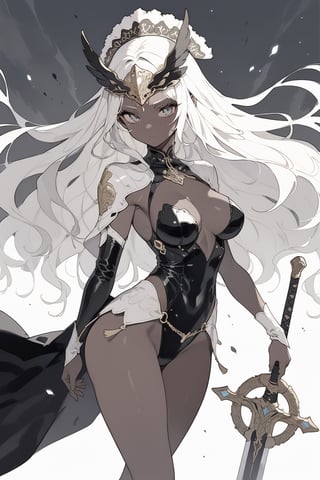 woman, mature, black skin, valkyrie, long sword, silver long hair, mask_on_head, speed, powerful, beautiful, cute curves,  masterpiece,  best quality,  aesthetic