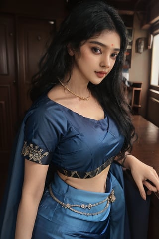 20 aged tamilnadu girl , curly black long hair , wearing blue silk  saree , thick square face , filled lips , temple , nomal breast , round ass , fit girl , wearing thin  jewels ,m4d4m,Indian,Anyageraldine