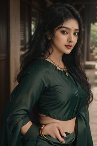 20 aged tamilnadu girl , curly black long hair , wearing green silk  saree , thick oval face , filled lips , temple , nomal breast , round ass , fit girl , wearing thin  jewels ,m4d4m,Indian,Anyageraldine