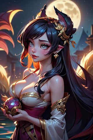 (((masterpiece:1.2, best quality:1.2, beautiful, high quality, highres:1.1, aesthetic), 2:3, portrait, highly detailed, extremely detailed, ambient soft lighting, 8K, 
1girl, large round breasts, ahri, 1monster fucking Ahri, 
((Ahri, the alluring nine-tailed fox, exudes enchantment in League of Legends. Graceful and seductive, she entices foes with her bewitching charm. Her eyes, radiant like moonlit pools, bewilder enemies, while her captivating smile conceals an otherworldly allure. Adorned in a striking ensemble, Ahri's outfit embodies elegance and power. Her silk robe cascades like a waterfall, adorned with intricate gold filigree that accentuates her lithe form. The nine majestic tails sway behind her, each holding an enchanting aura. Her mystical charm is heightened by a delicate headdress adorned with gleaming gemstones, reflecting the night sky. In battle, Ahri is both mesmerizing and lethal, leaving her foes entranced and defeated.)),