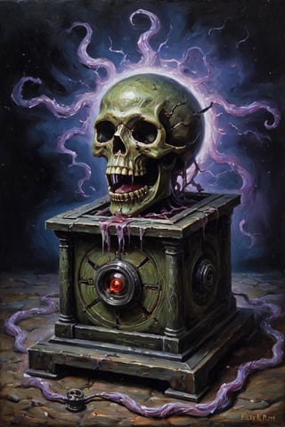 Horror-themed oil painting depicting an ancient eldritch device that rips reality apart to let unspeakable horrors seep into out reality. . Eerie, unsettling, dark, spooky, suspenseful, grim, highly detailed