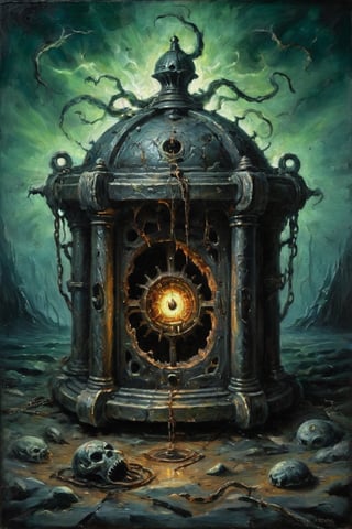 Horror-themed oil painting depicting an ancient eldritch device that rips reality apart to let unspeakable horrors seep into out reality. . Eerie, unsettling, dark, spooky, suspenseful, grim, highly detailed