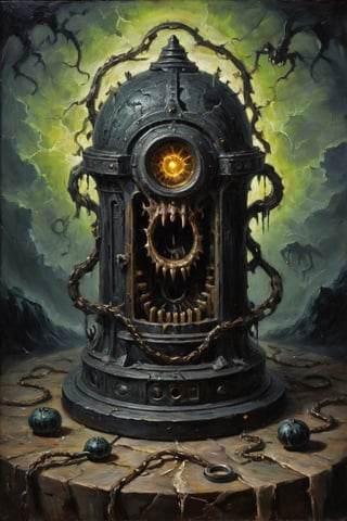 Horror-themed oil painting depicting an ancient eldritch device that rips reality apart to let unspeakable horrors seep into out reality. . Eerie, unsettling, dark, spooky, suspenseful, grim, highly detailed