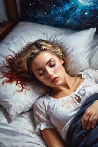 A very beautiful woman wearing an open-chested white shirt and sleeping on the bed blindfolded, with silk threads around her eyes. A sexy woman., centered, symmetry, painted, intricate, volumetric lighting, beautiful, rich deep colors masterpiece, sharp focus, ultra detailed, in the style of dan mumford and marc simonetti, astrophotography

, oil painting in style of tom bagshaw