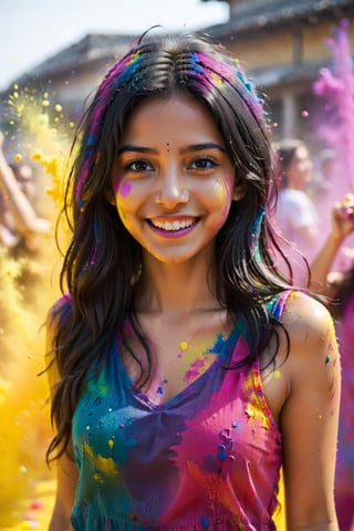 1girl, adult, long hair, looking at viewer, smile, black hair, dress, upper body, solo focus, grin, blurry, blurry background, hand in own hair, realistic, looking at viewer, paint splatter, playing Holi, realistic photograph, festive moment,  vibrancy of the colors,  joyous, splashes, colorful powder, festival, colors,photorealistic,see-through,more detail XL,FilmGirl