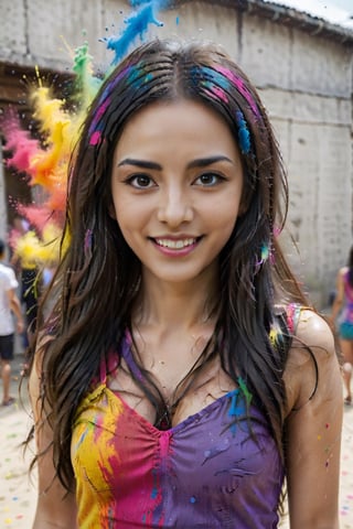 1girl, adult, long hair, looking at viewer, smile, black hair, dress, upper body, solo focus, grin, blurry, blurry background, hand in own hair, realistic, looking at viewer, paint splatter, playing Holi, realistic photograph, festive moment,  vibrancy of the colors,  joyous, splashes, colorful powder, festival, colors,photorealistic,see-through,more detail XL,FilmGirl,renny the insta girl