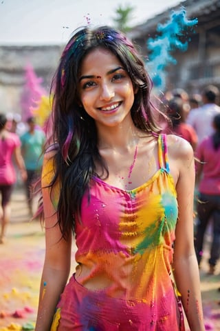 1girl, adult, long hair, looking at viewer, smile, black hair, dress, upper body, solo focus, grin, blurry, blurry background, hand in own hair, realistic, looking at viewer, paint splatter, playing Holi, realistic photograph ,holi festival , festive moment,  vibrancy of the colors,  joyous, splashes, colorful powder, festival, colors,photorealistic,see-through,more detail XL,FilmGirl,renny the insta girl,Model