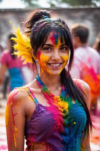 1girl, adult, long hair, looking at viewer, smile, black hair, dress, upper body, solo focus, grin, blurry, blurry background, hand in own hair, realistic, looking at viewer, paint splatter, playing Holi, realistic photograph ,holi festival , festive moment,  vibrancy of the colors,  joyous, splashes, colorful powder, festival, colors,photorealistic,see-through,more detail XL,FilmGirl,renny the insta girl,Model